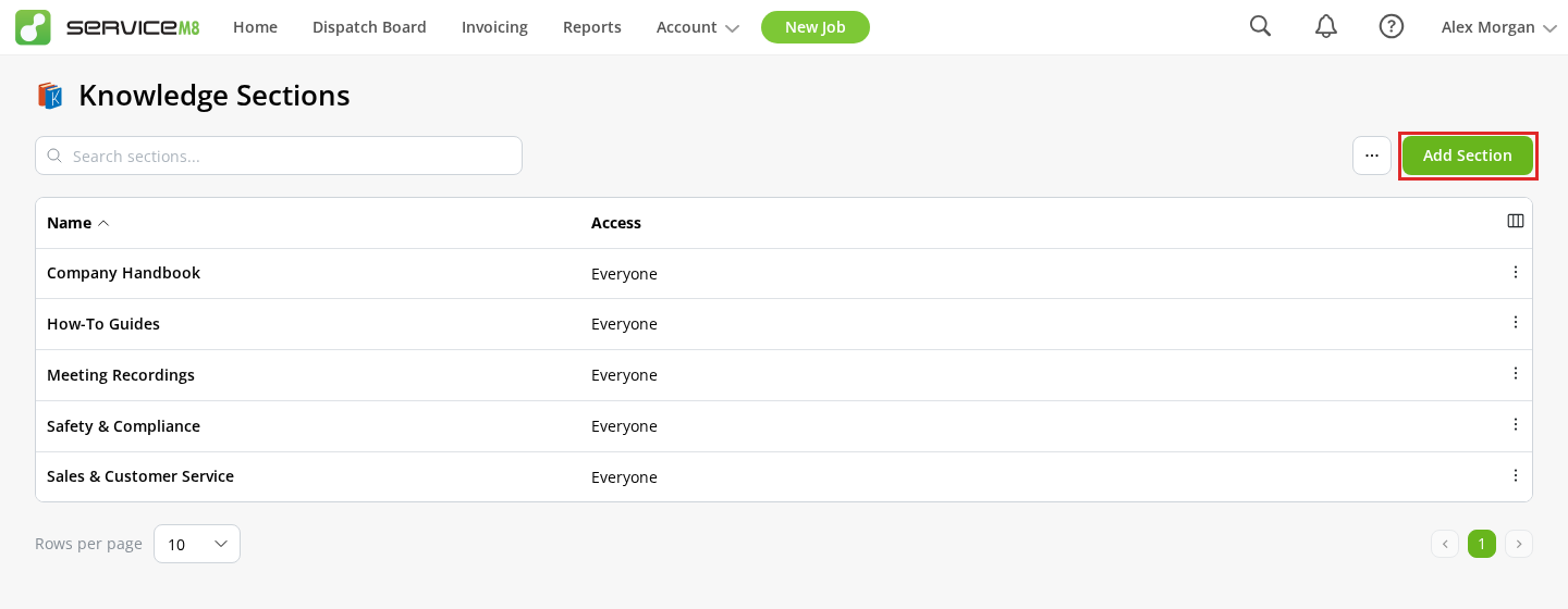 Add Section button on the Knowledge Sections page