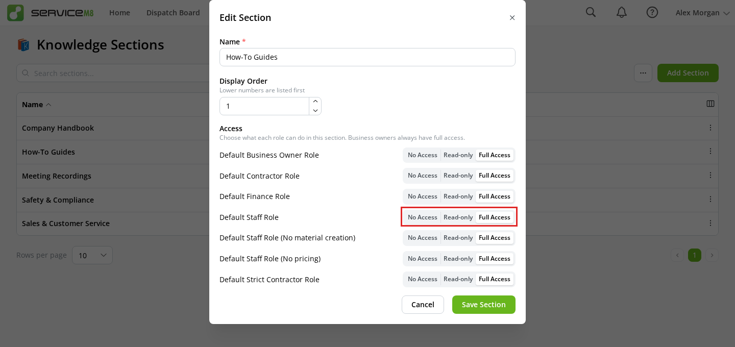 Edit Section dialog with access choices for the Default Staff Role
