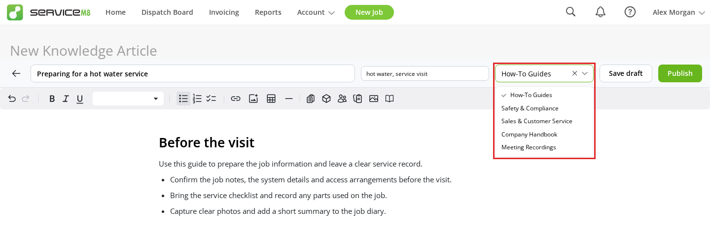 Section selector open in the Knowledge article editor