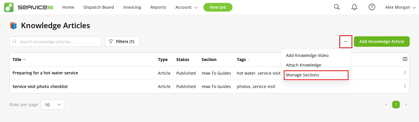 More actions menu with Manage Sections on the Knowledge Articles page