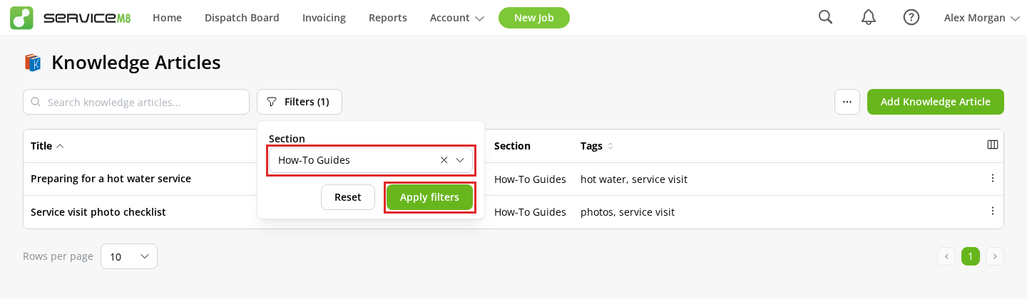 Section filter and Apply filters button on the Knowledge Articles page