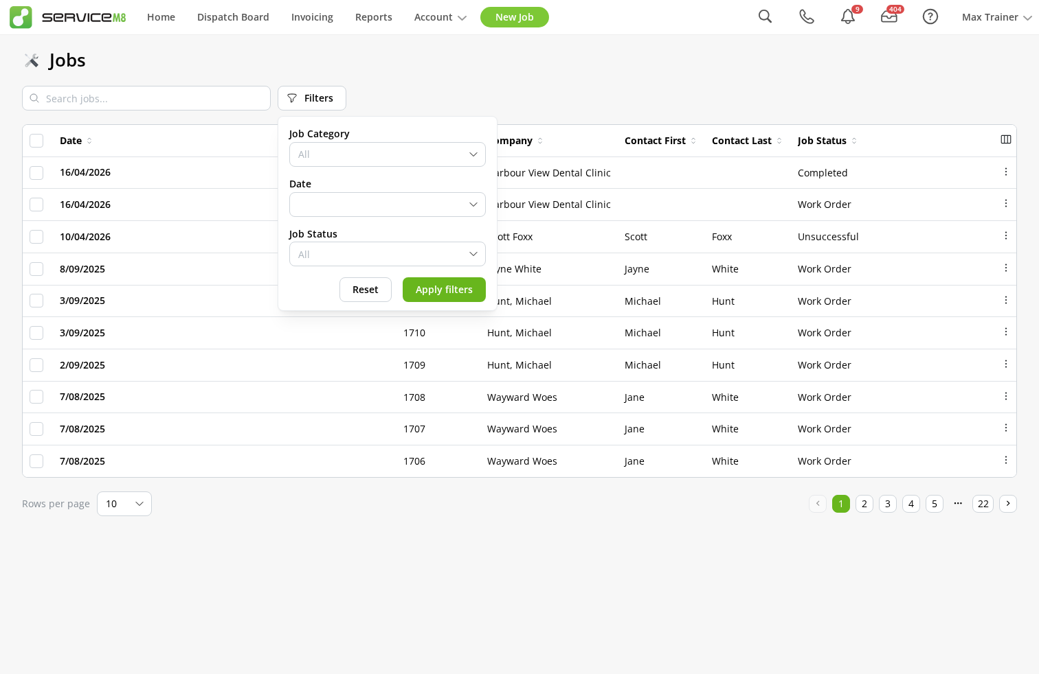 Filtering the Jobs list in the Online Dashboard