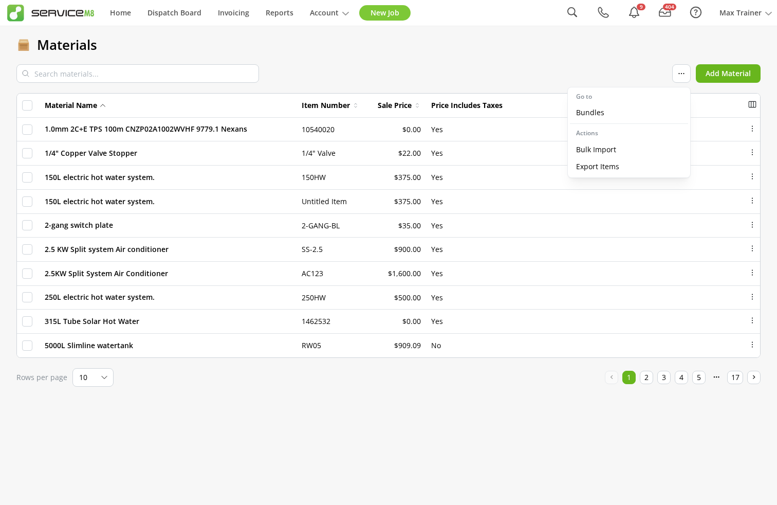 Related pages and actions on the Materials list
