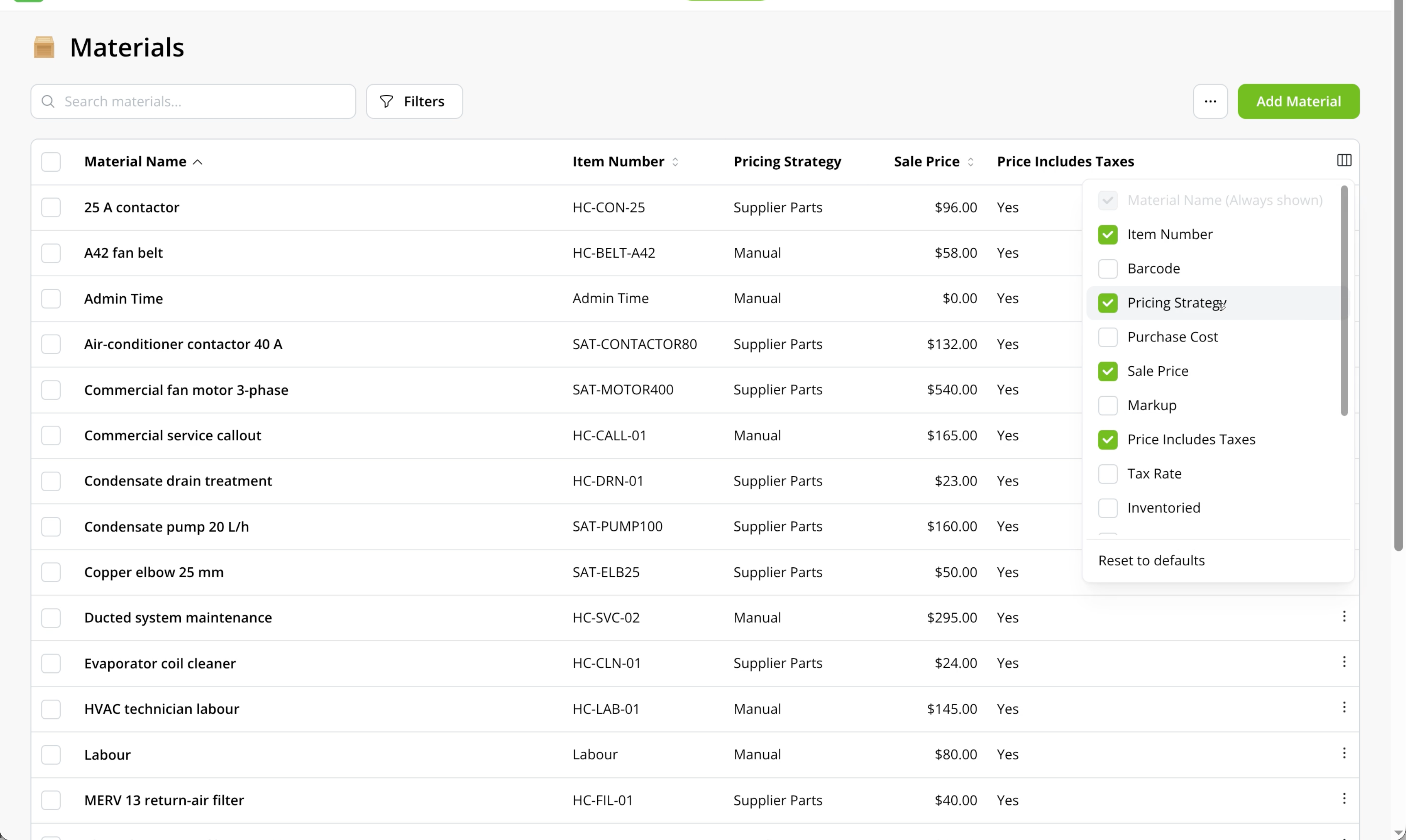Materials list showing assigned strategies in the Pricing Strategy column