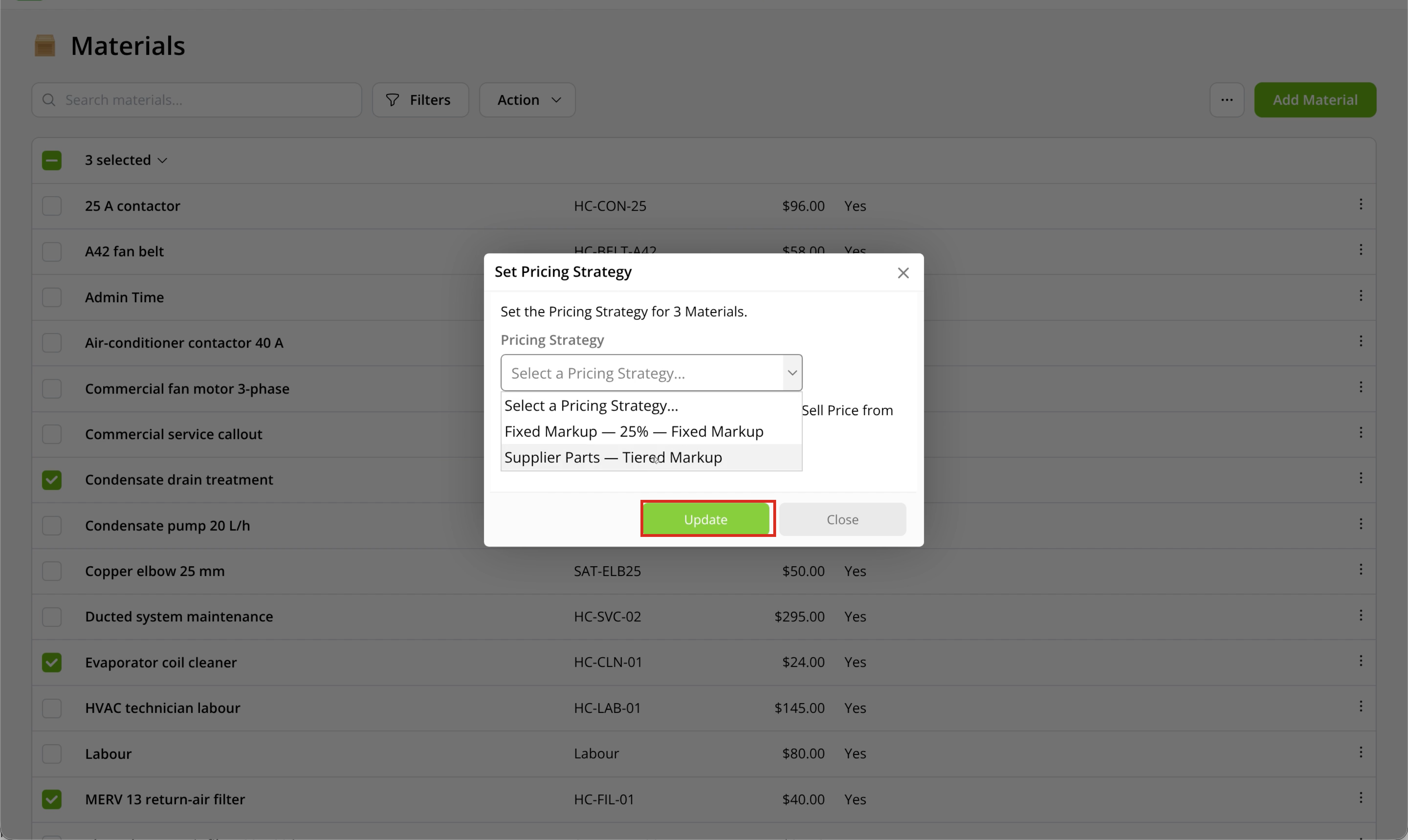 Pricing Strategy choices for the selected Materials, with Update outlined