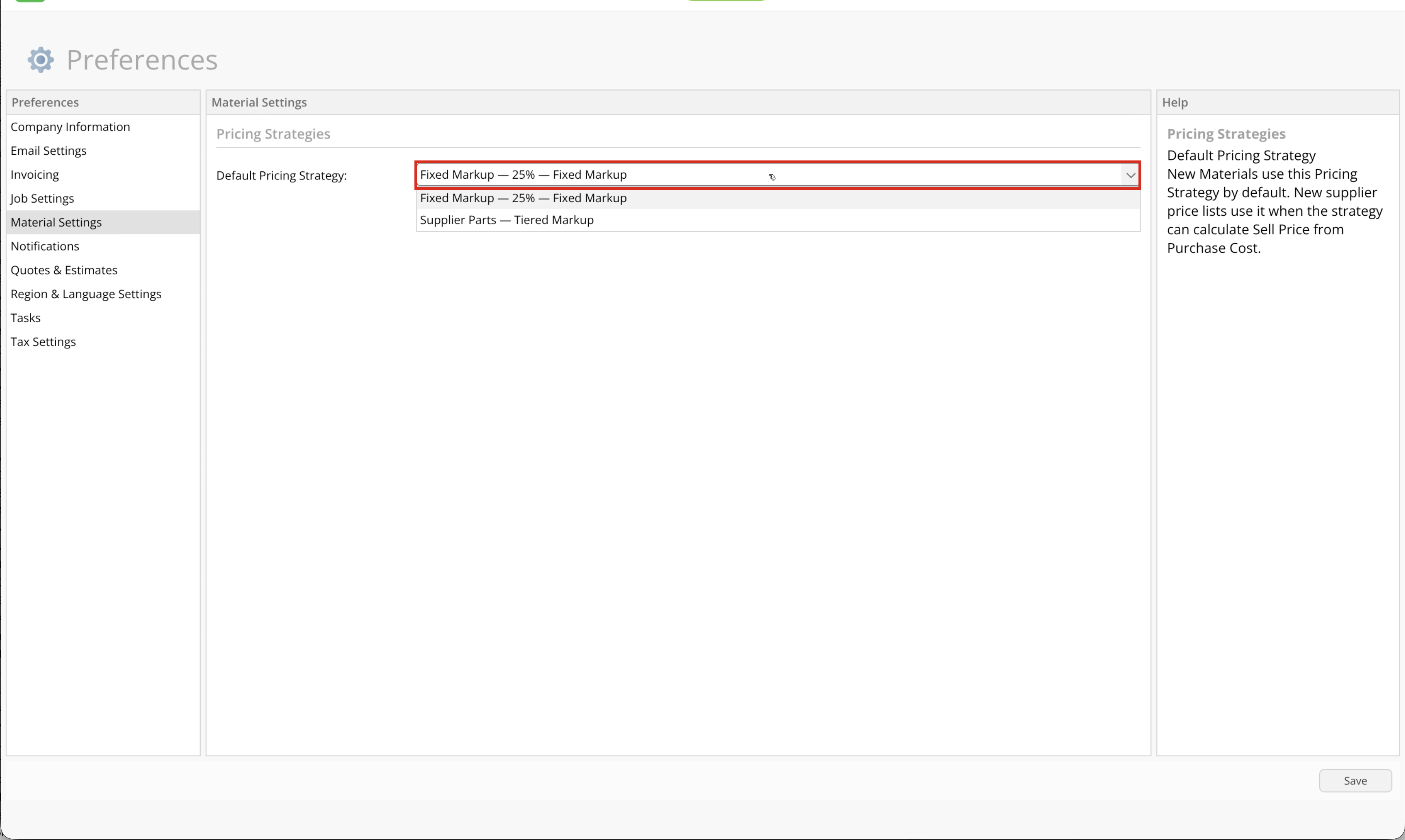 Material Settings with the Default Pricing Strategy selector outlined and Save visible