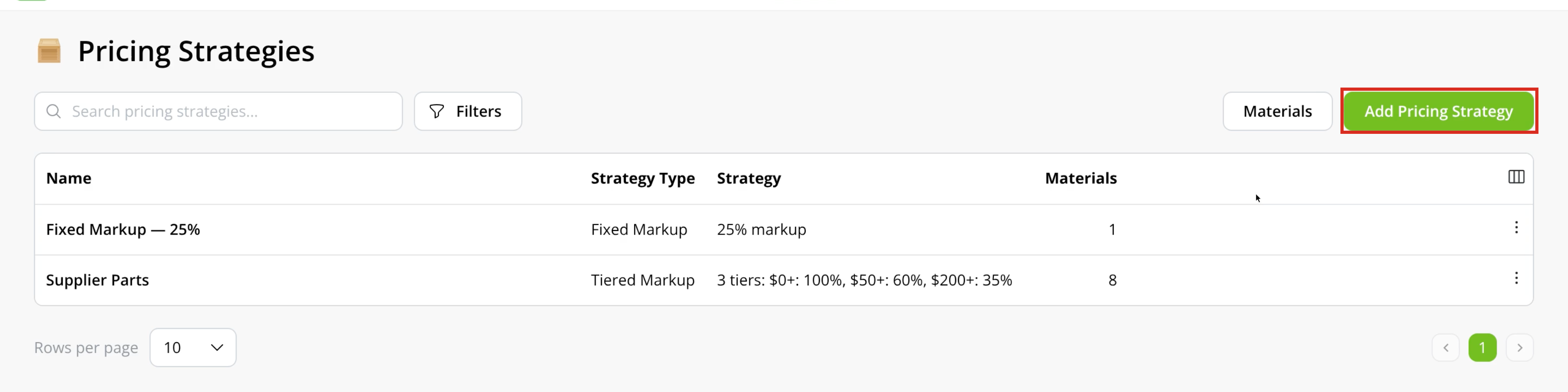 Pricing Strategies page with Add Pricing Strategy outlined