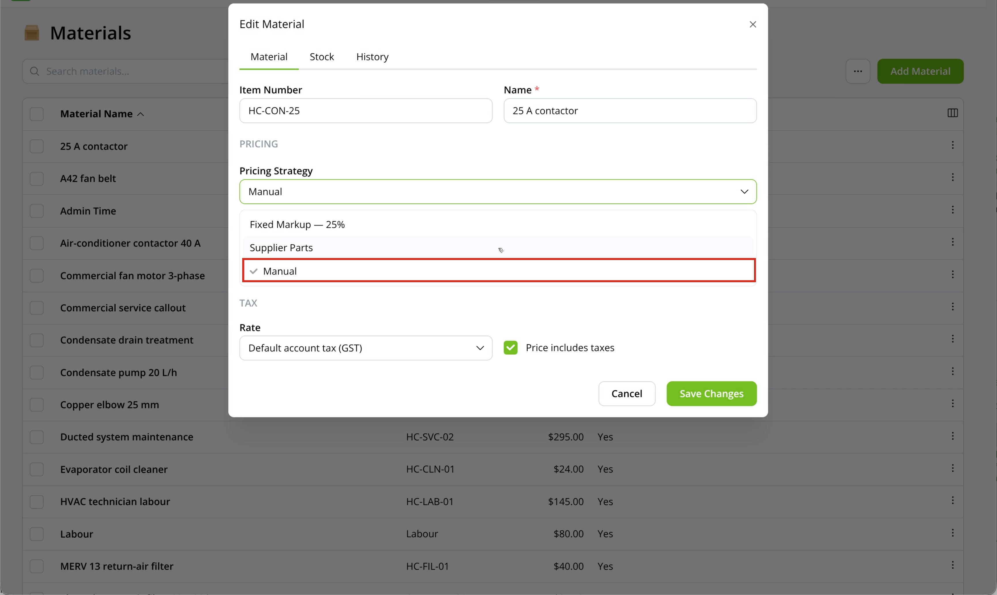 Manual option in the Material's Pricing Strategy selector