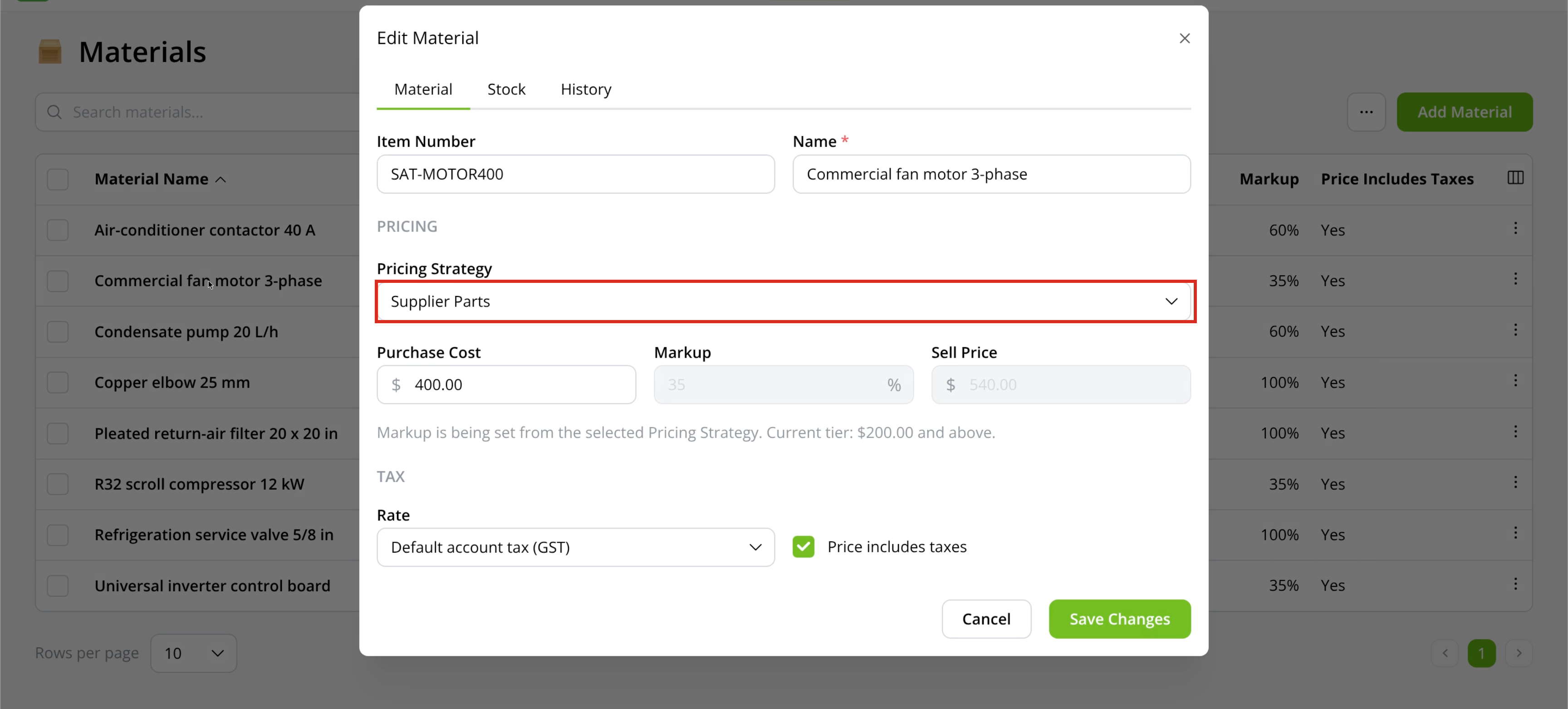 Material editor showing its Pricing Strategy, Purchase Cost, Markup and Sell Price