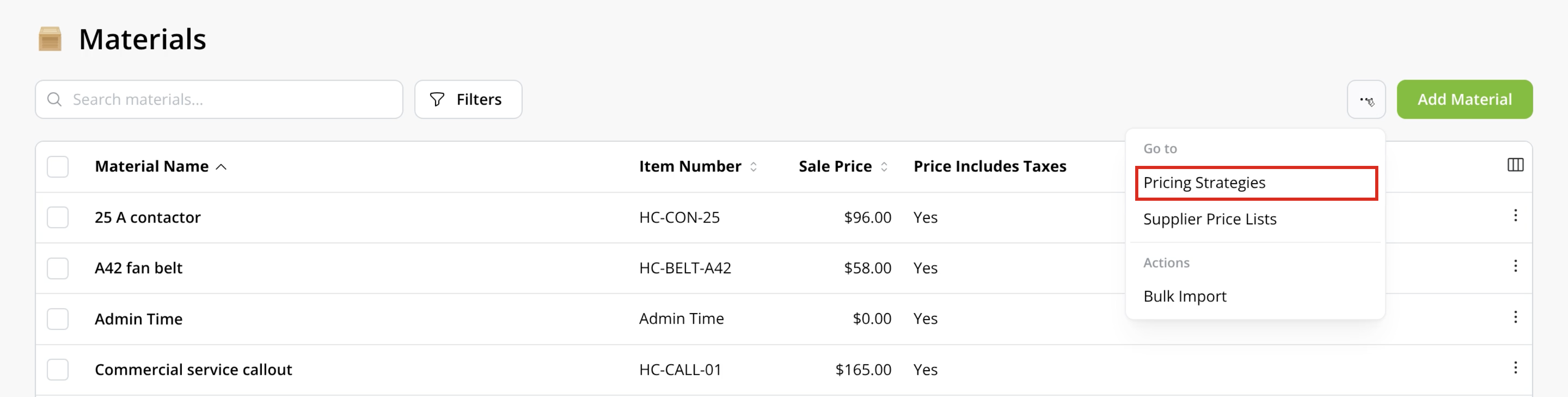 Materials list with Pricing Strategies outlined in the More actions menu