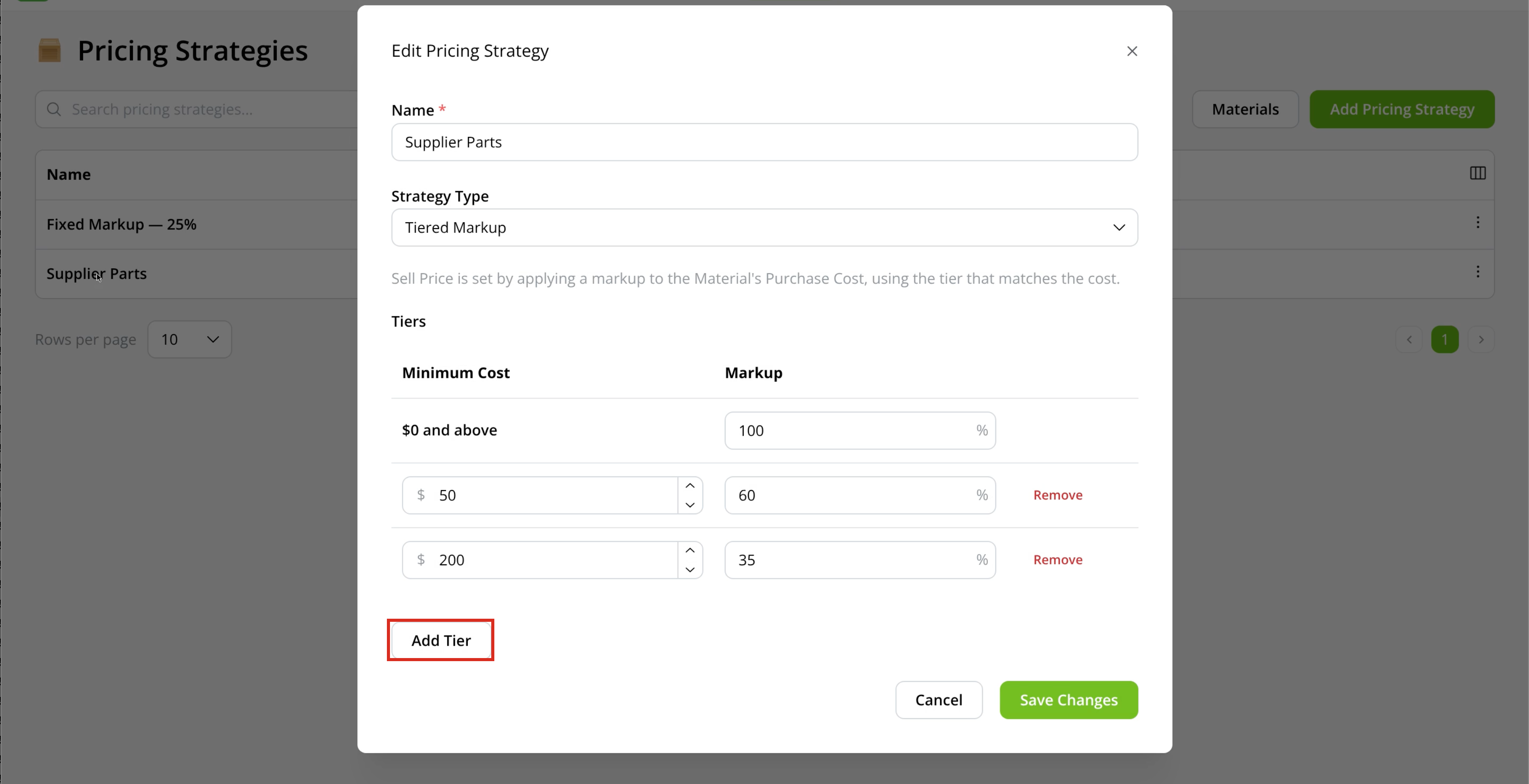 Tiered Markup editor with minimum costs, percentages and Add Tier outlined
