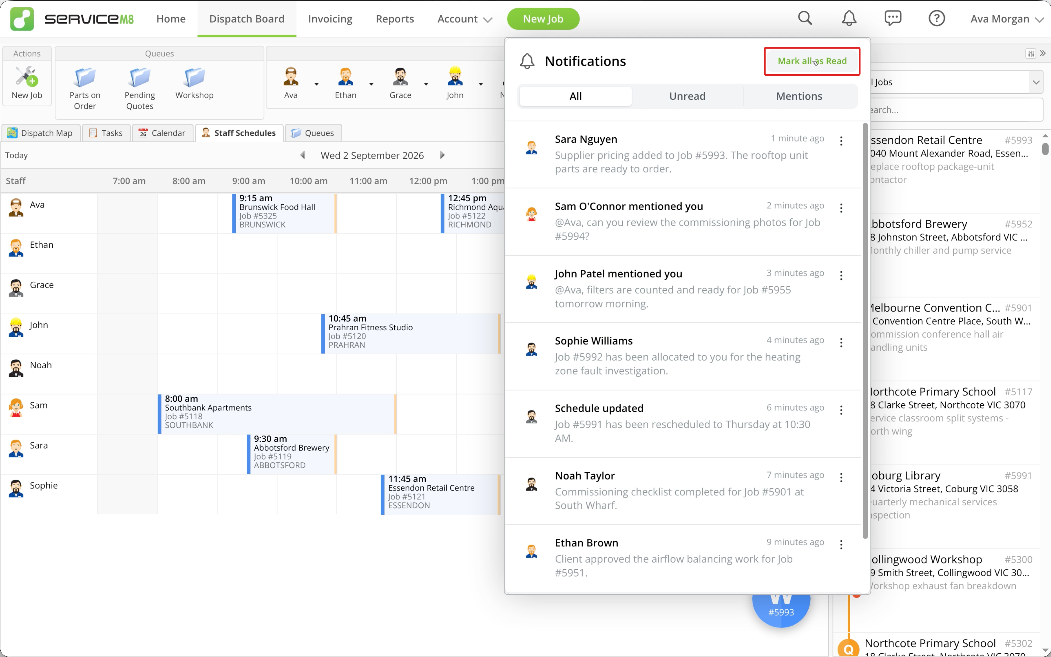 Notification panel after marking all matching notifications as read, with the bulk control outlined in red