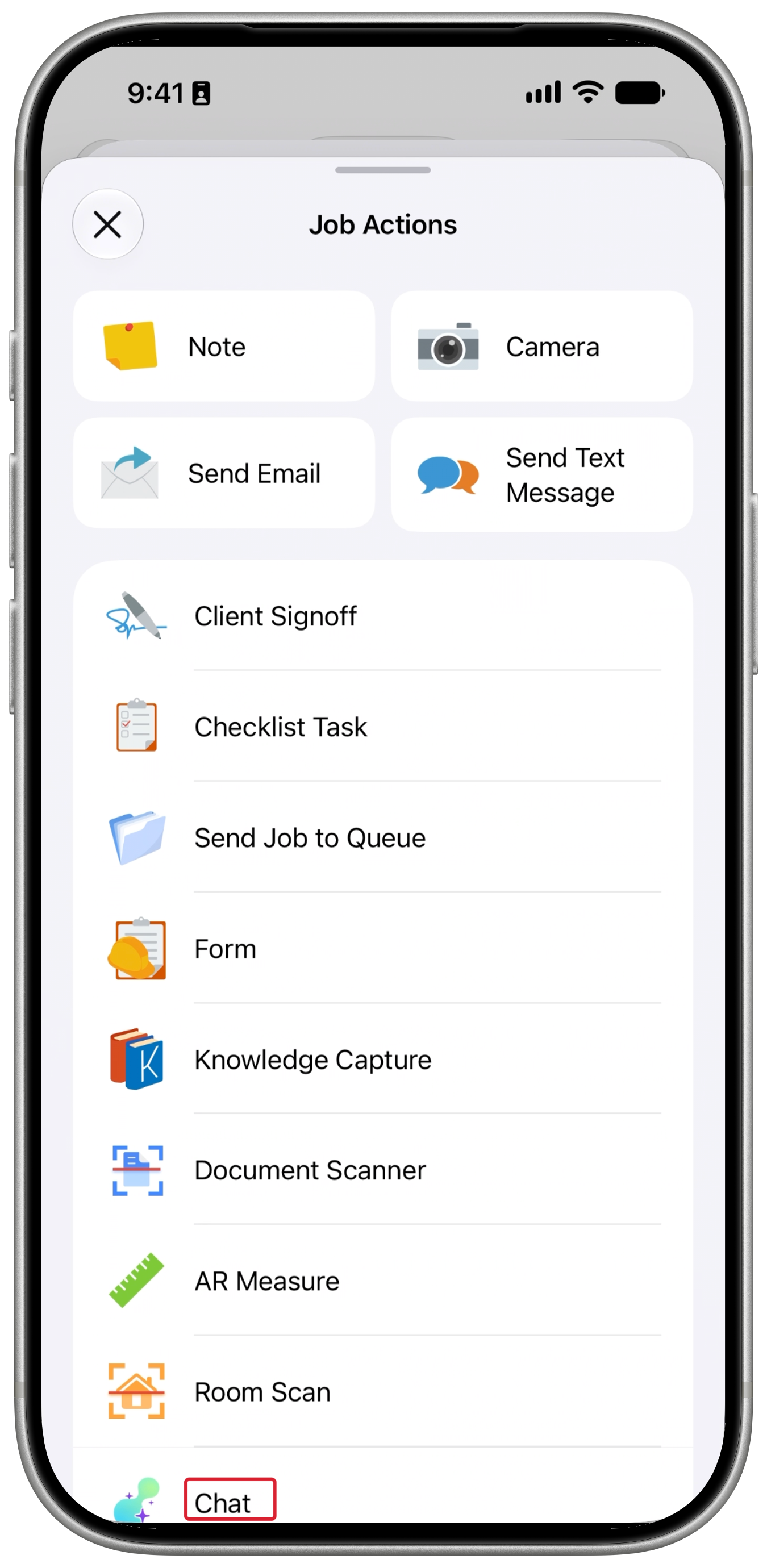 Chat near the bottom of the Job Actions menu