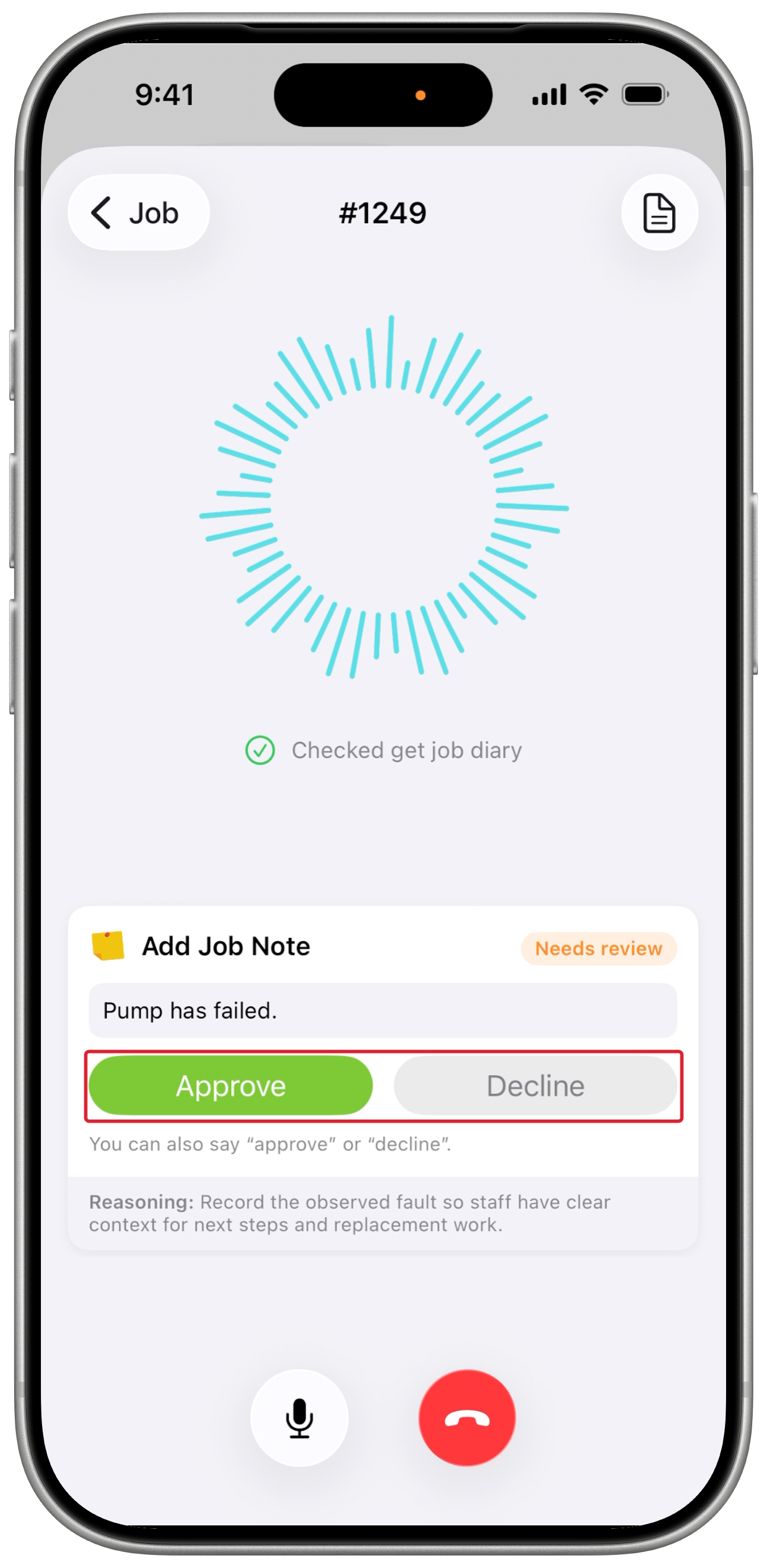 Job note awaiting review, with Approve and Decline highlighted