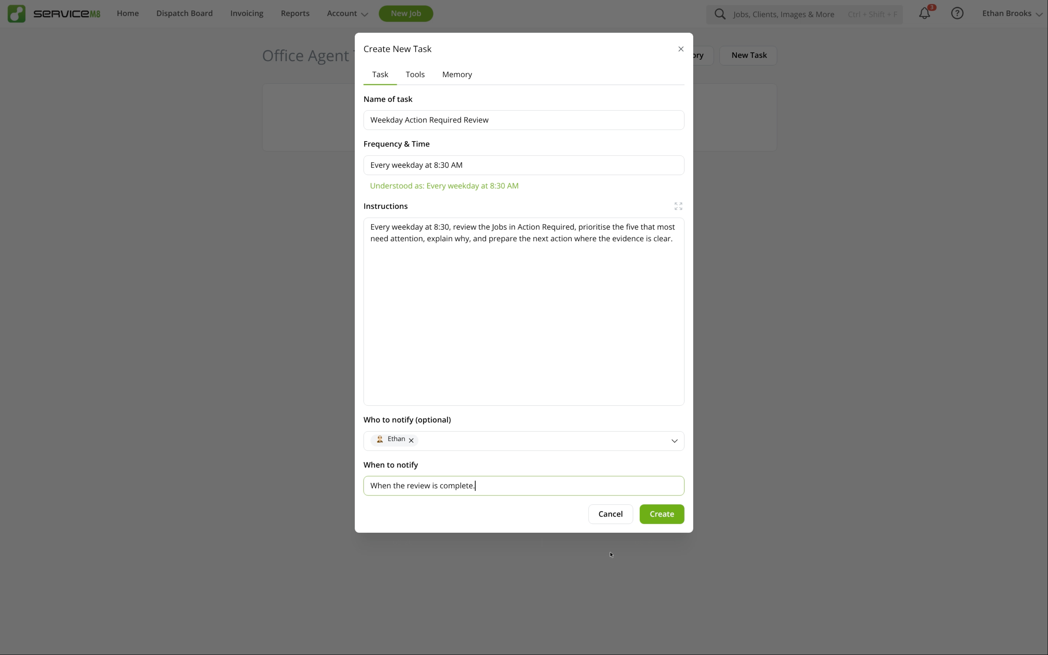 Completed custom task form with schedule confirmation and notification condition