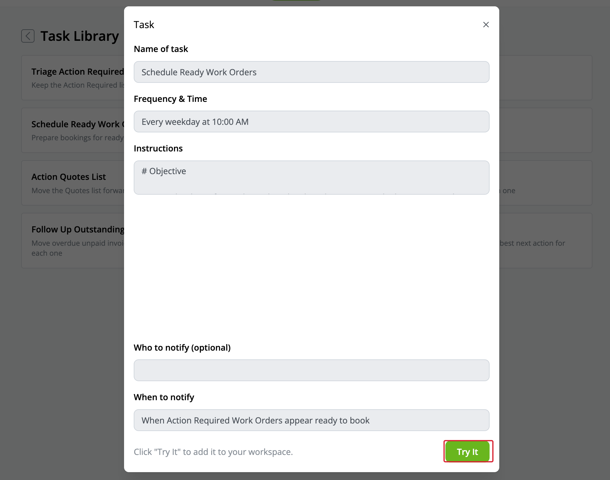 Schedule Ready Work Orders template preview with Try It highlighted
