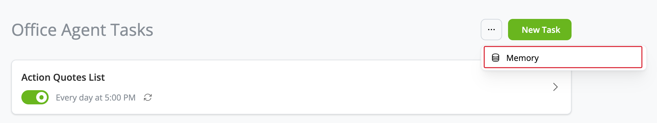 Memory in the Office Agent Tasks page menu