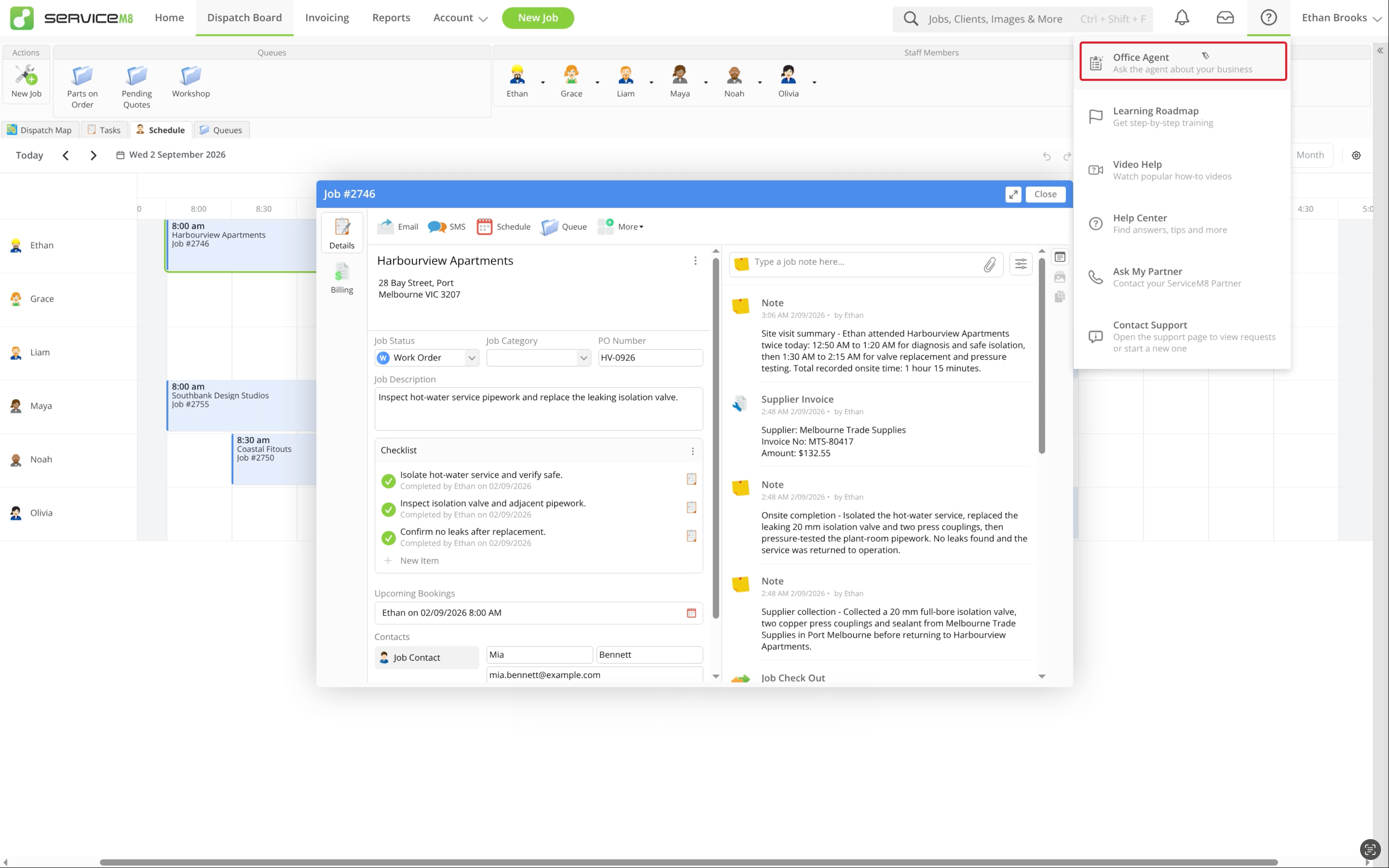 Office Agent in the Help menu, with a Job card open behind it