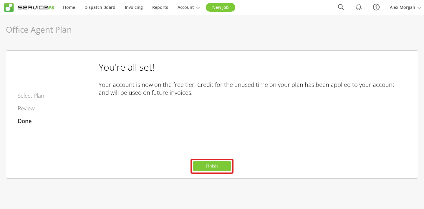 Confirmation that the paid plan has ended and unused-time credit has been applied