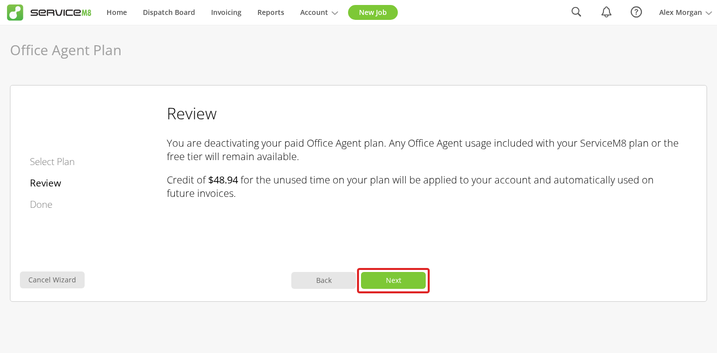 Cancellation review explaining that unused subscription time becomes account credit for future invoices