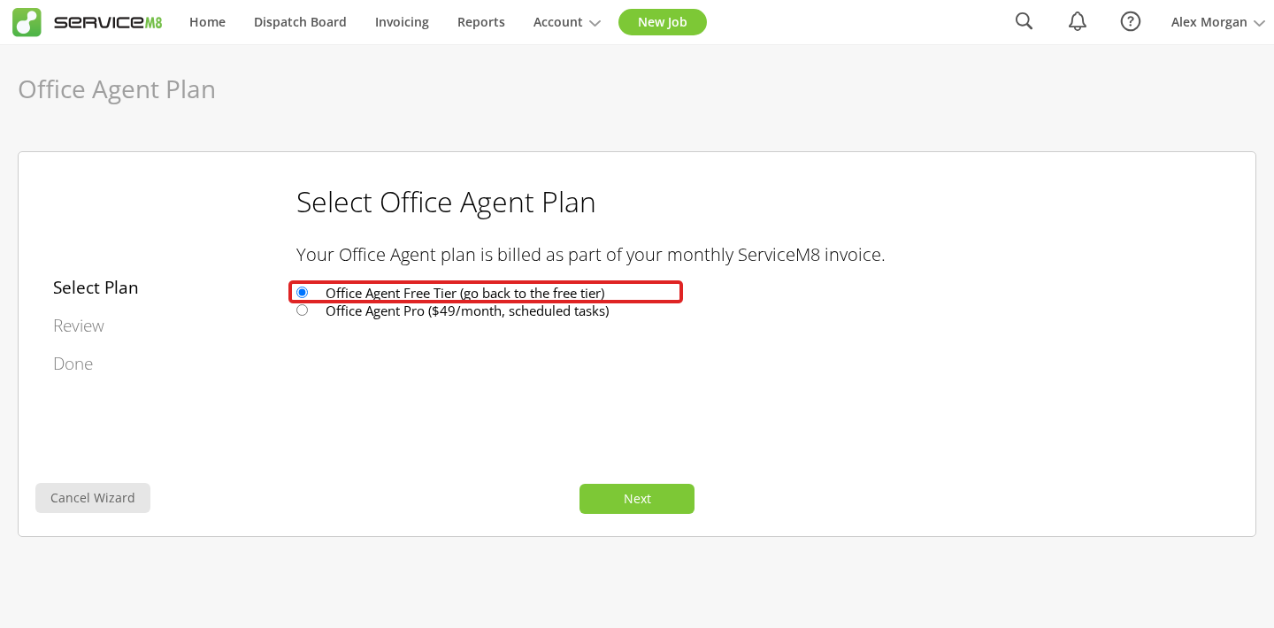 Included-tier option selected to cancel the paid Office Agent Pro subscription