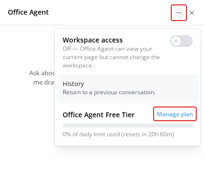 Office Agent menu with the three-dot control and Manage plan highlighted