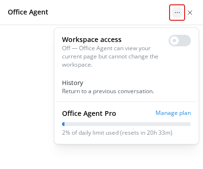 Office Agent chat menu showing the Pro plan, daily usage percentage and reset countdown