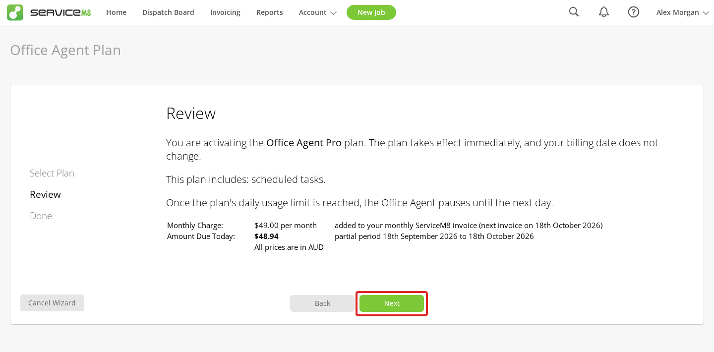 Review step showing the monthly Pro price, partial-period charge and unchanged billing date