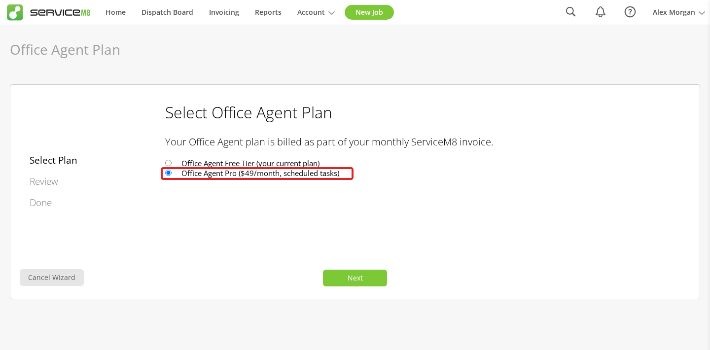 Office Agent Pro selected in the plan wizard