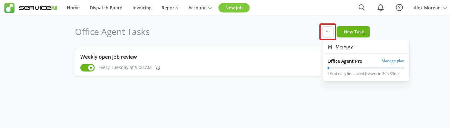 Office Agent Tasks with More actions highlighted and the daily usage display open