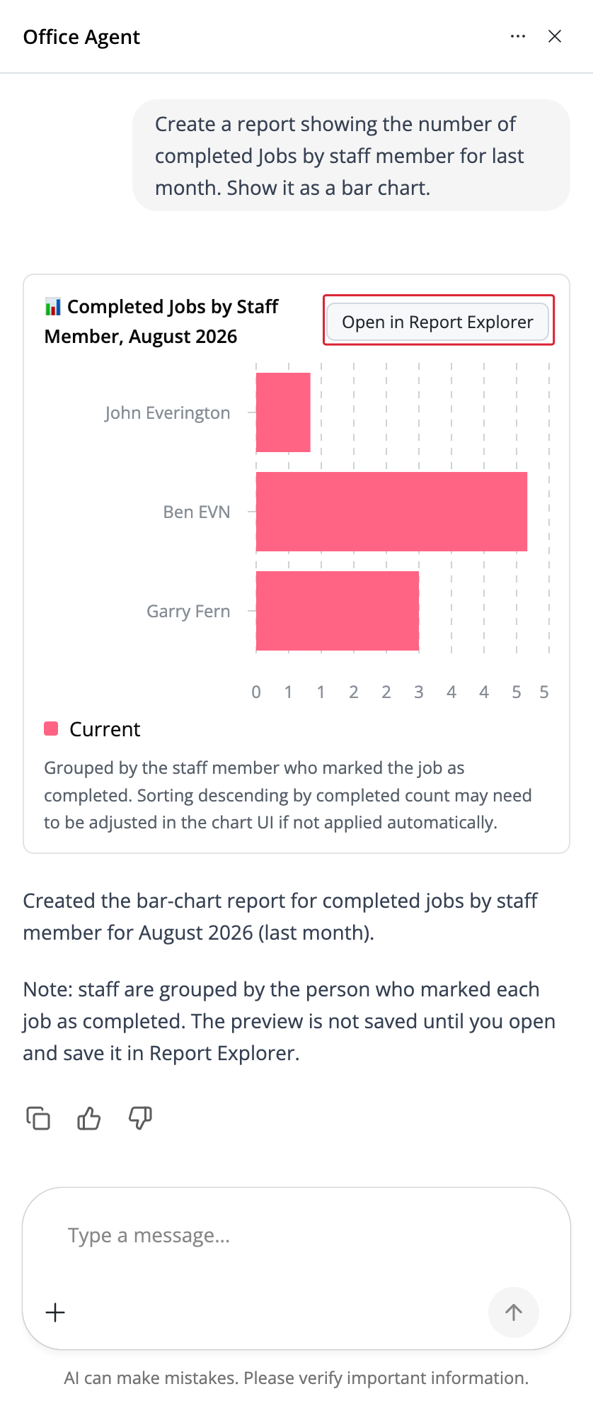 Completed Jobs report in Online Office Agent chat, with Open in Report Explorer highlighted