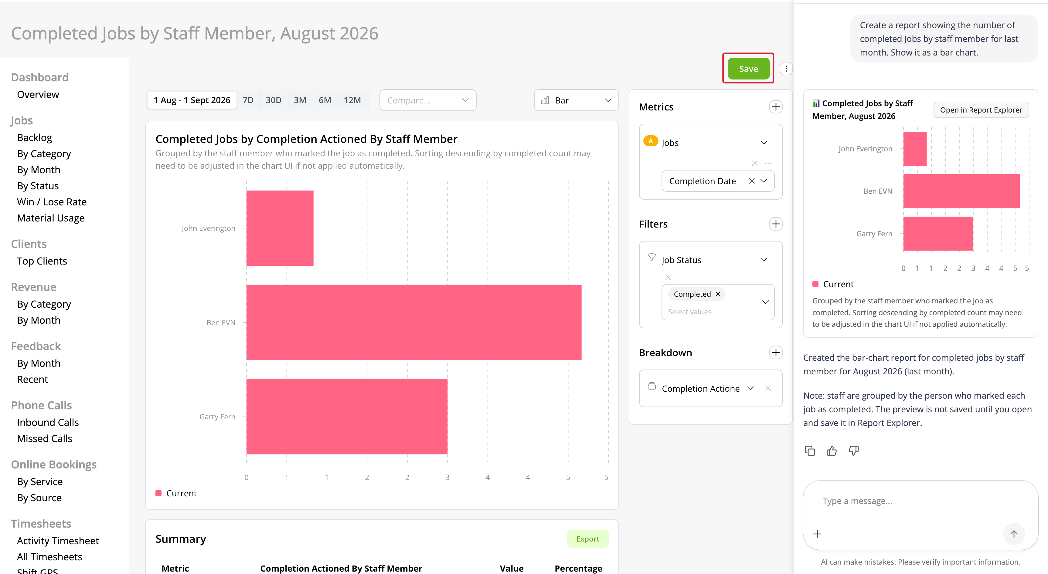 Report Explorer showing the completed Jobs chart, date range, filters and Save button
