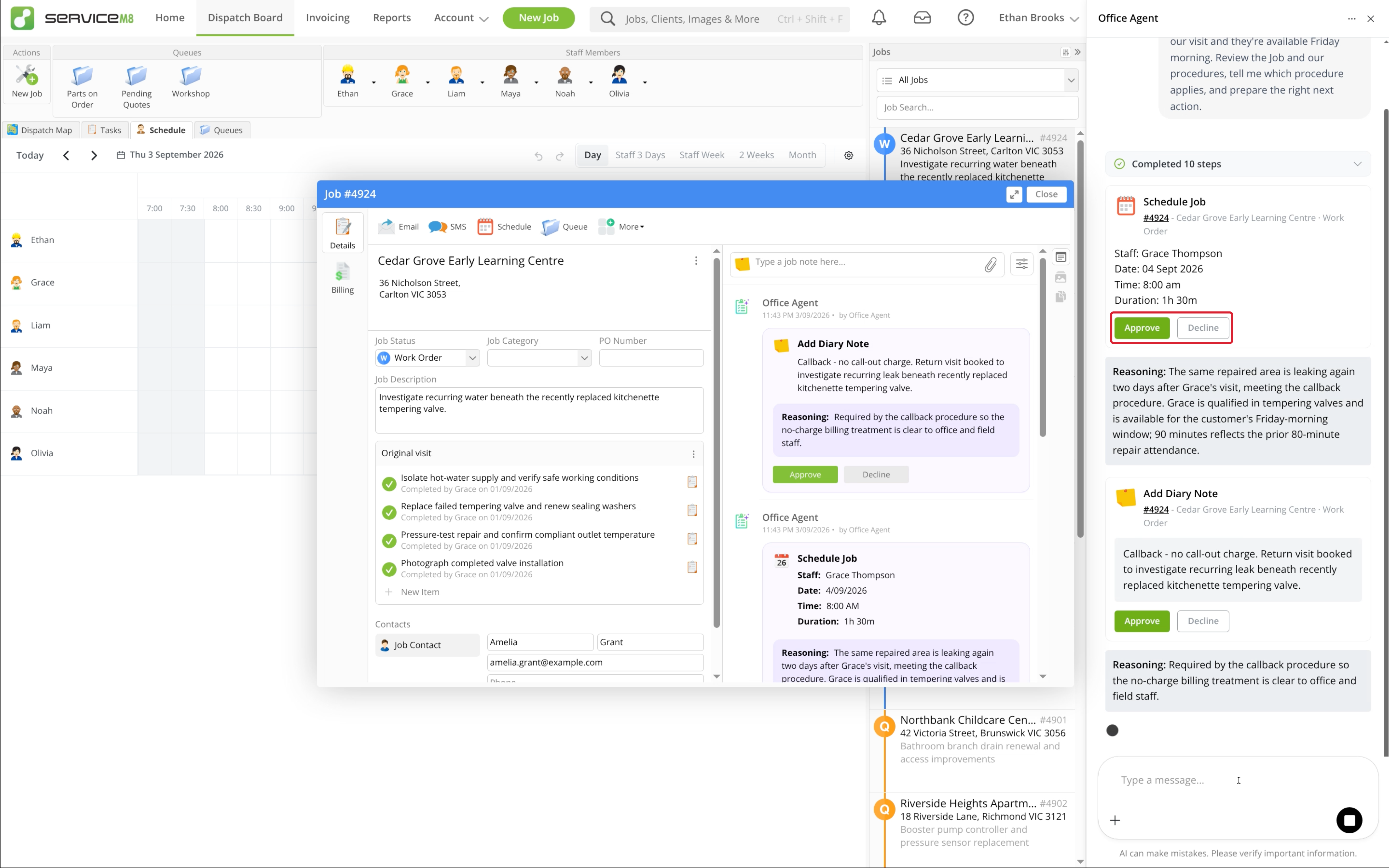 Prepared Job actions in Office Agent and the Job Diary, with chat approval controls highlighted