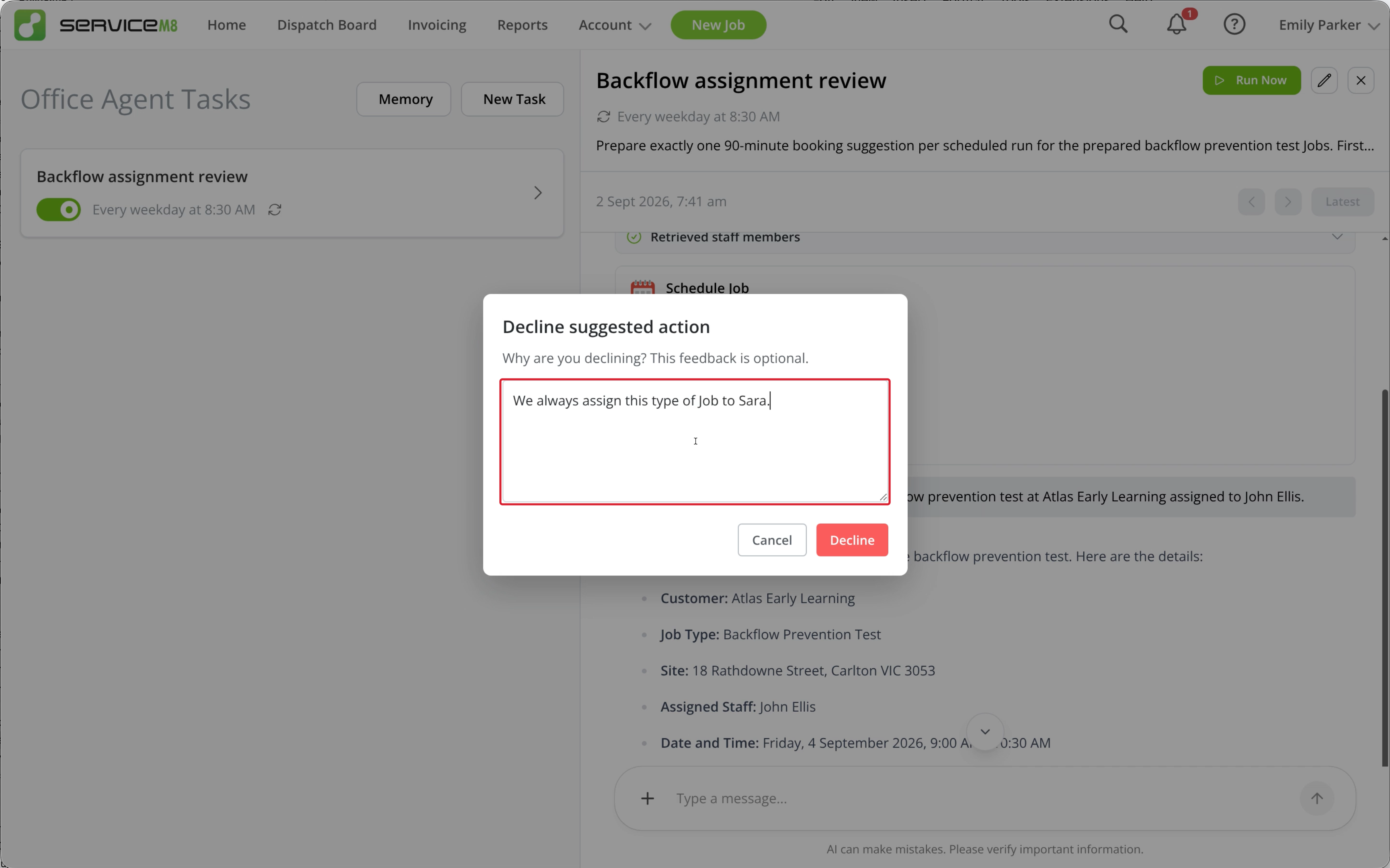 Decline suggested action dialog with an optional reason