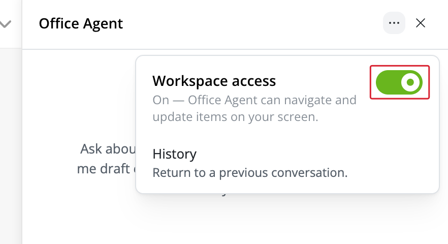 Workspace access enabled in the Online Office Agent chat menu