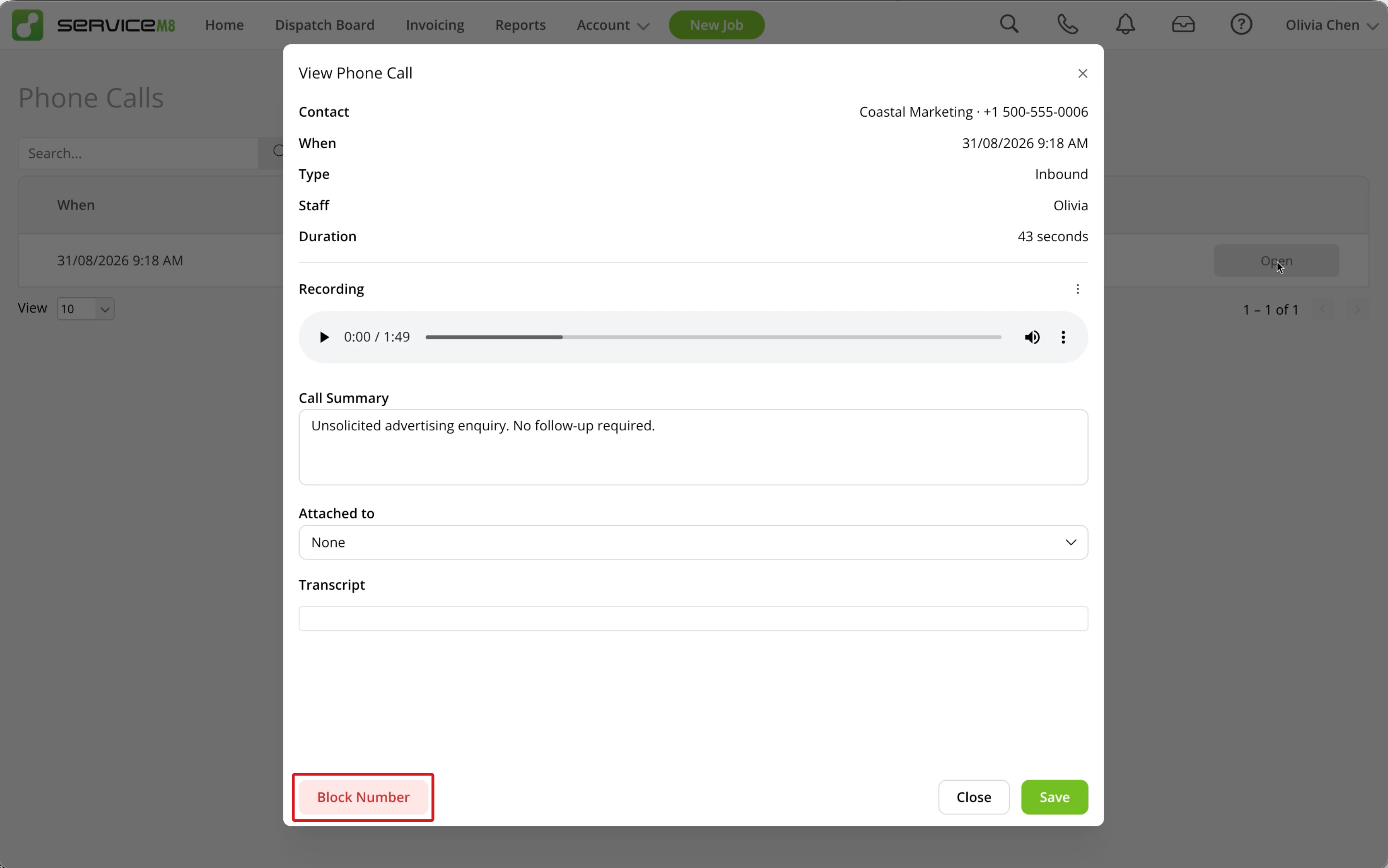 View Phone Call with the Block Number button outlined in red