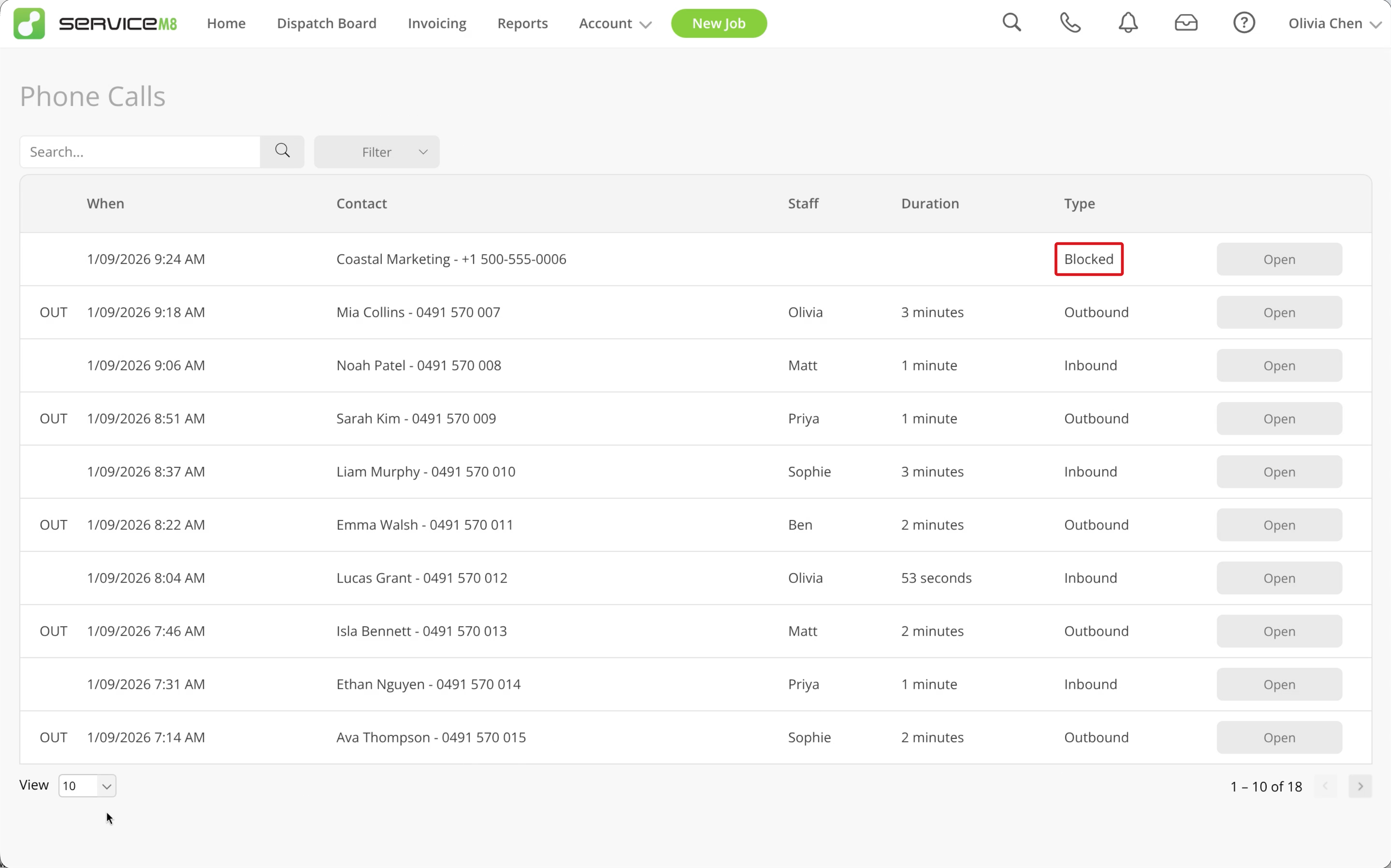 Call History with a call marked Blocked