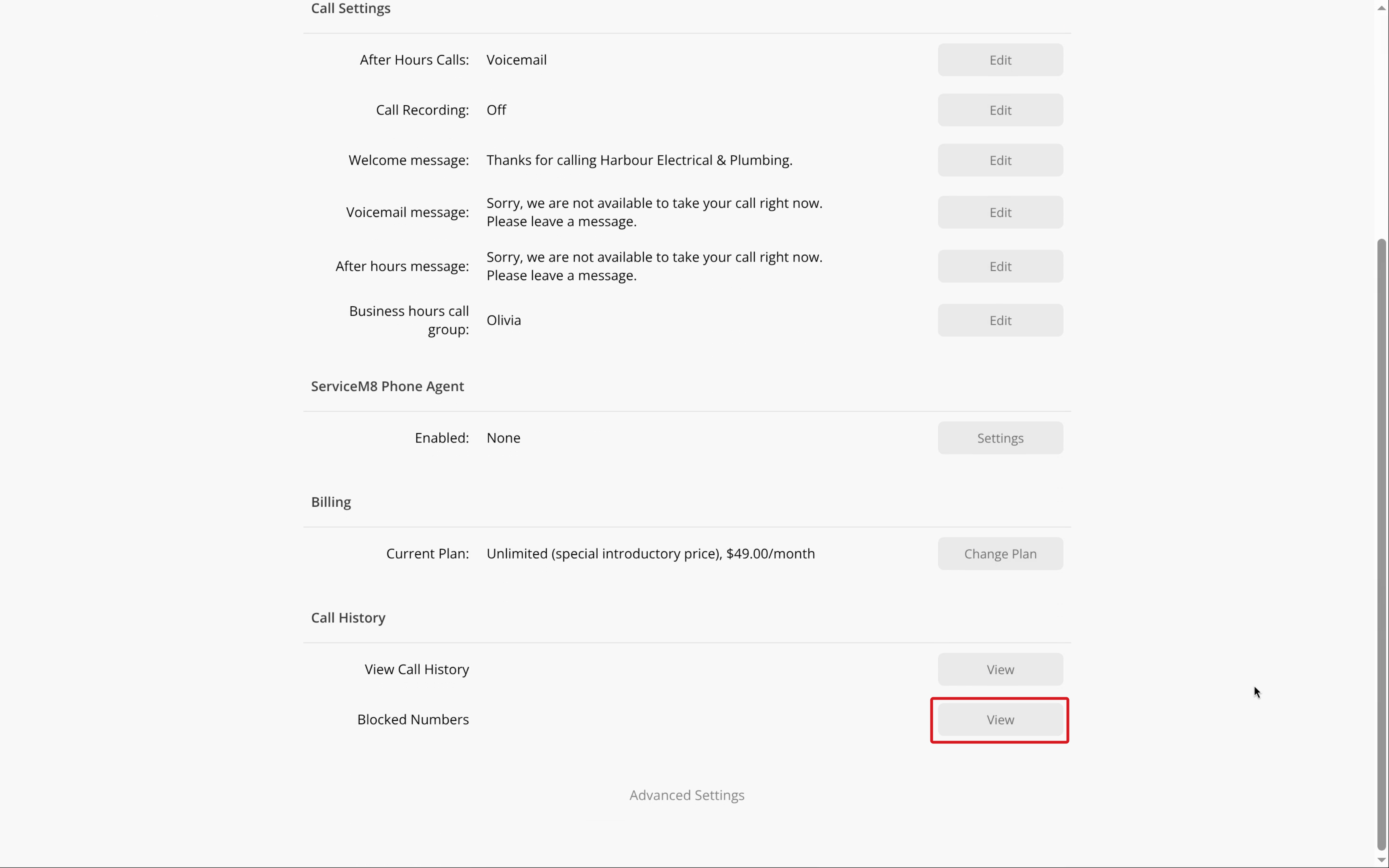 Call Settings with the Blocked Numbers View button outlined in red