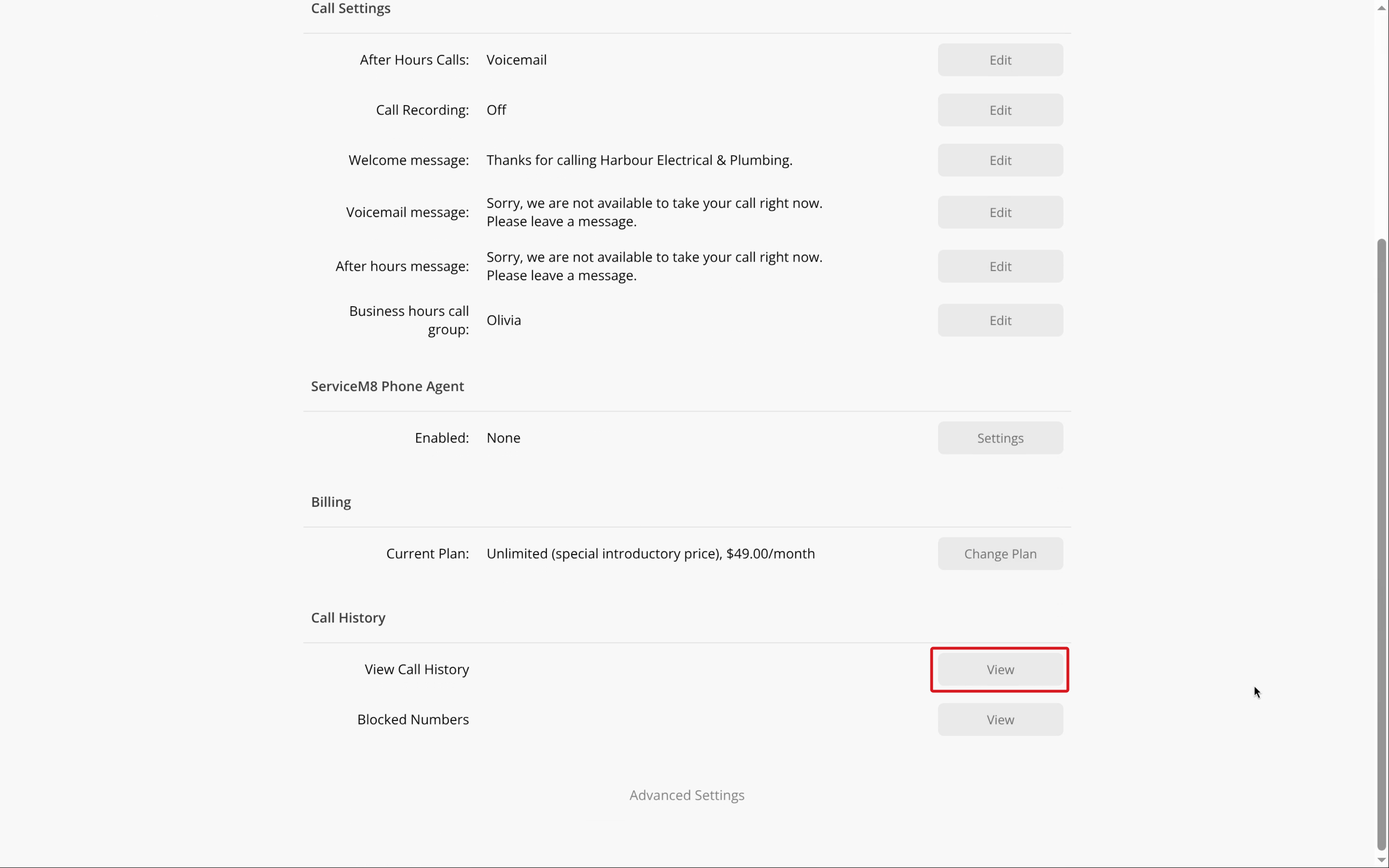 Call Settings with the View Call History button outlined in red
