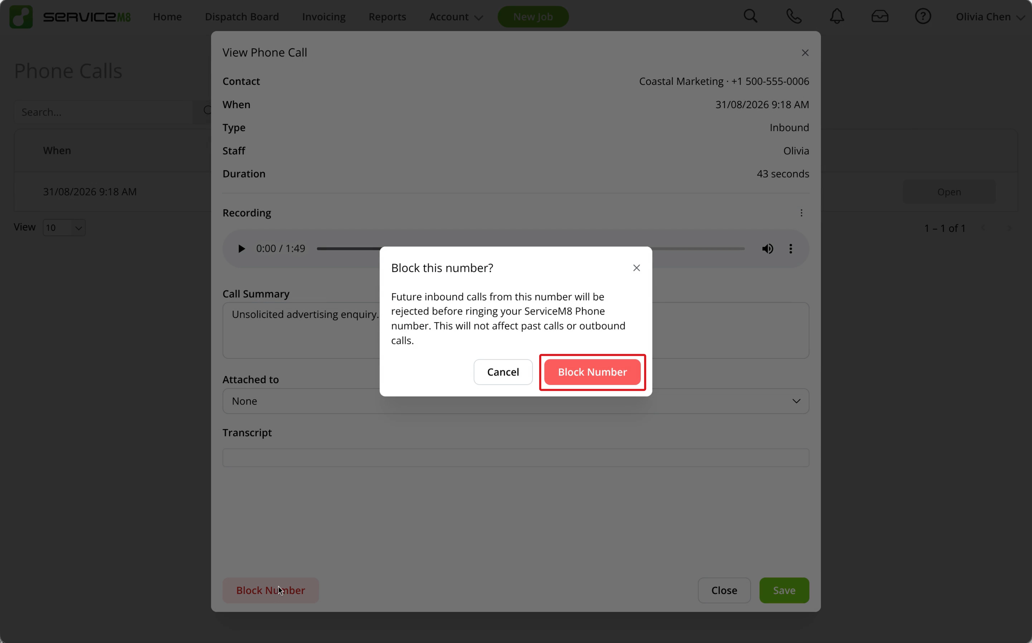 Block this number confirmation popup with the Block Number button outlined in red