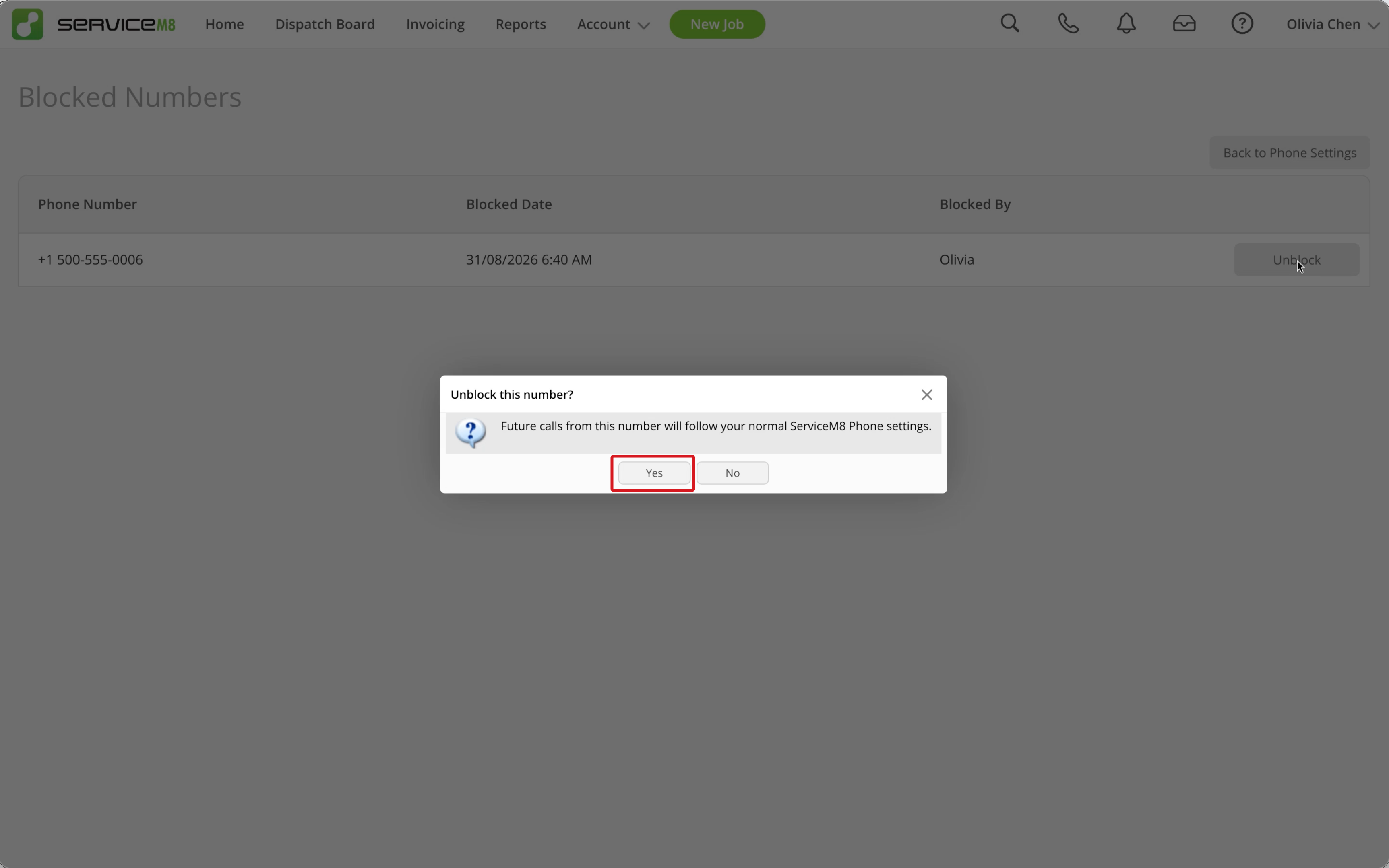 Unblock this number confirmation popup with the Yes button outlined in red