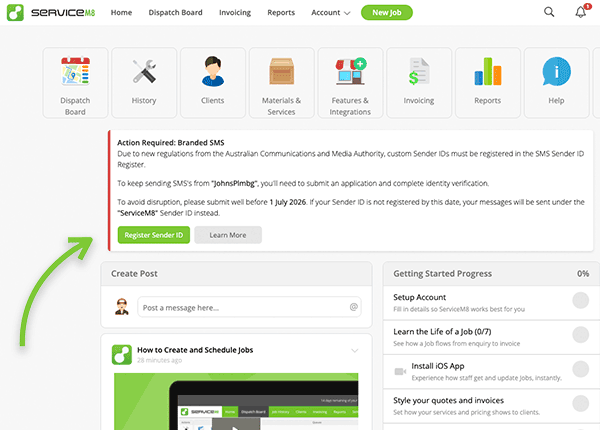 Australian Branded SMS Sender ID registration notice on the ServiceM8 Home tab