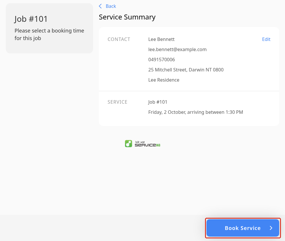 The client review page with contact details, the selected booking time and Book Service.