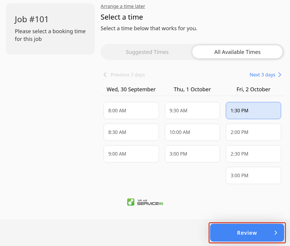 The client booking page with All Available Times open and a Friday afternoon time selected.