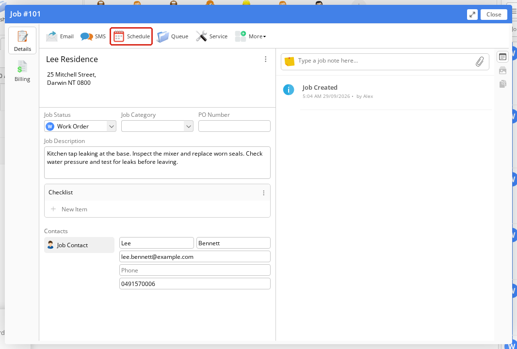 The Job card with Schedule highlighted in the action bar.
