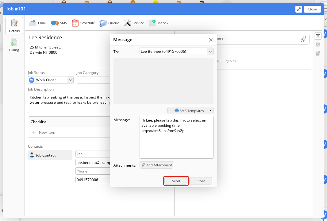 The SMS composer containing a booking link, with Send highlighted.