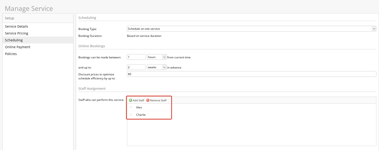 The Service’s scheduling settings showing capable staff and booking limits.
