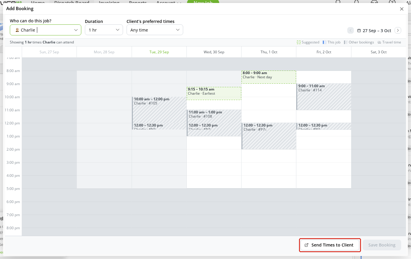 The Add Booking window with Charlie selected, a one-hour duration, and Send Times to Client highlighted.