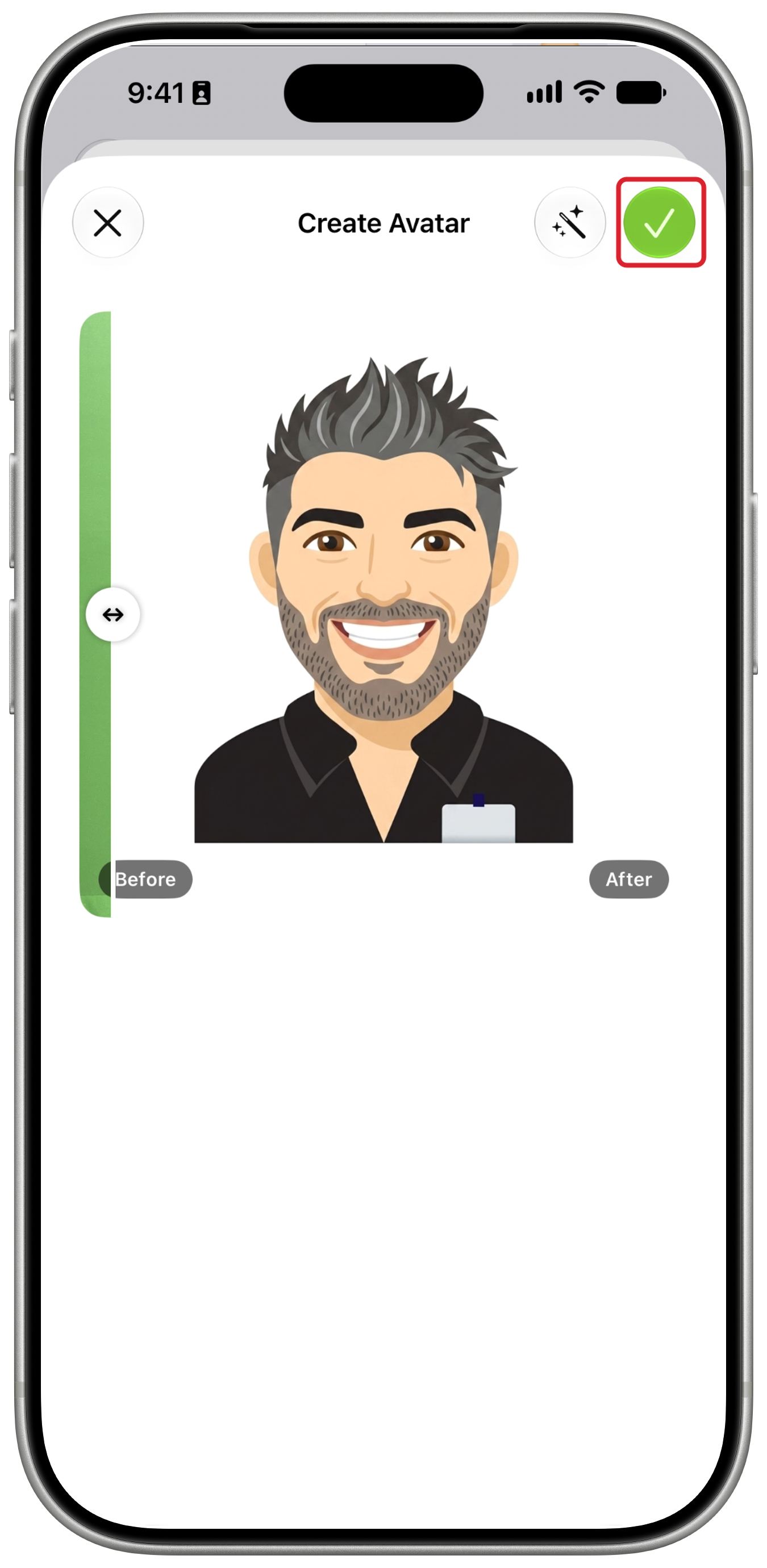 Generated avatar with the comparison divider and Save checkmark outlined in red