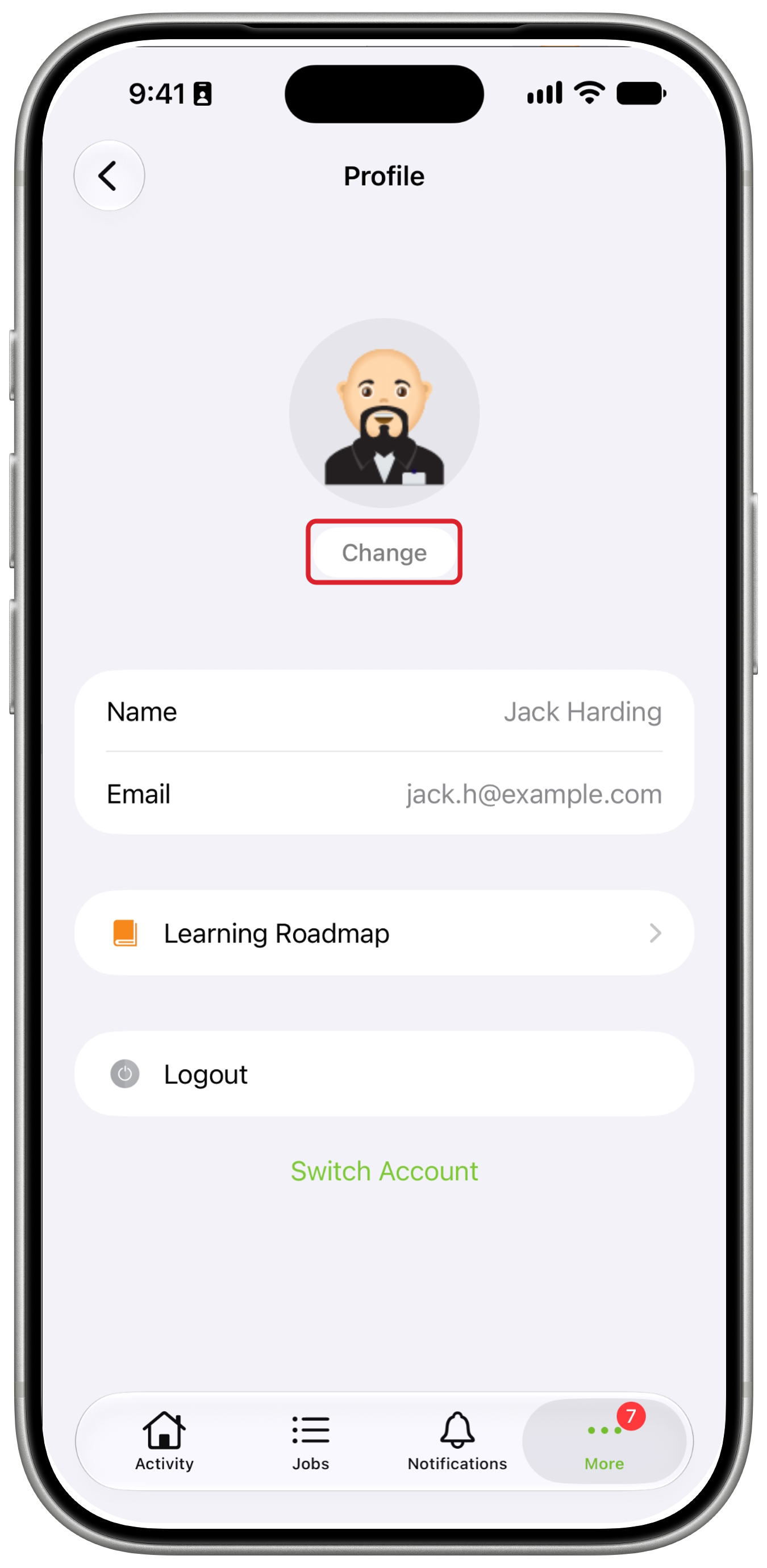 Profile with the Change button below the current avatar outlined in red